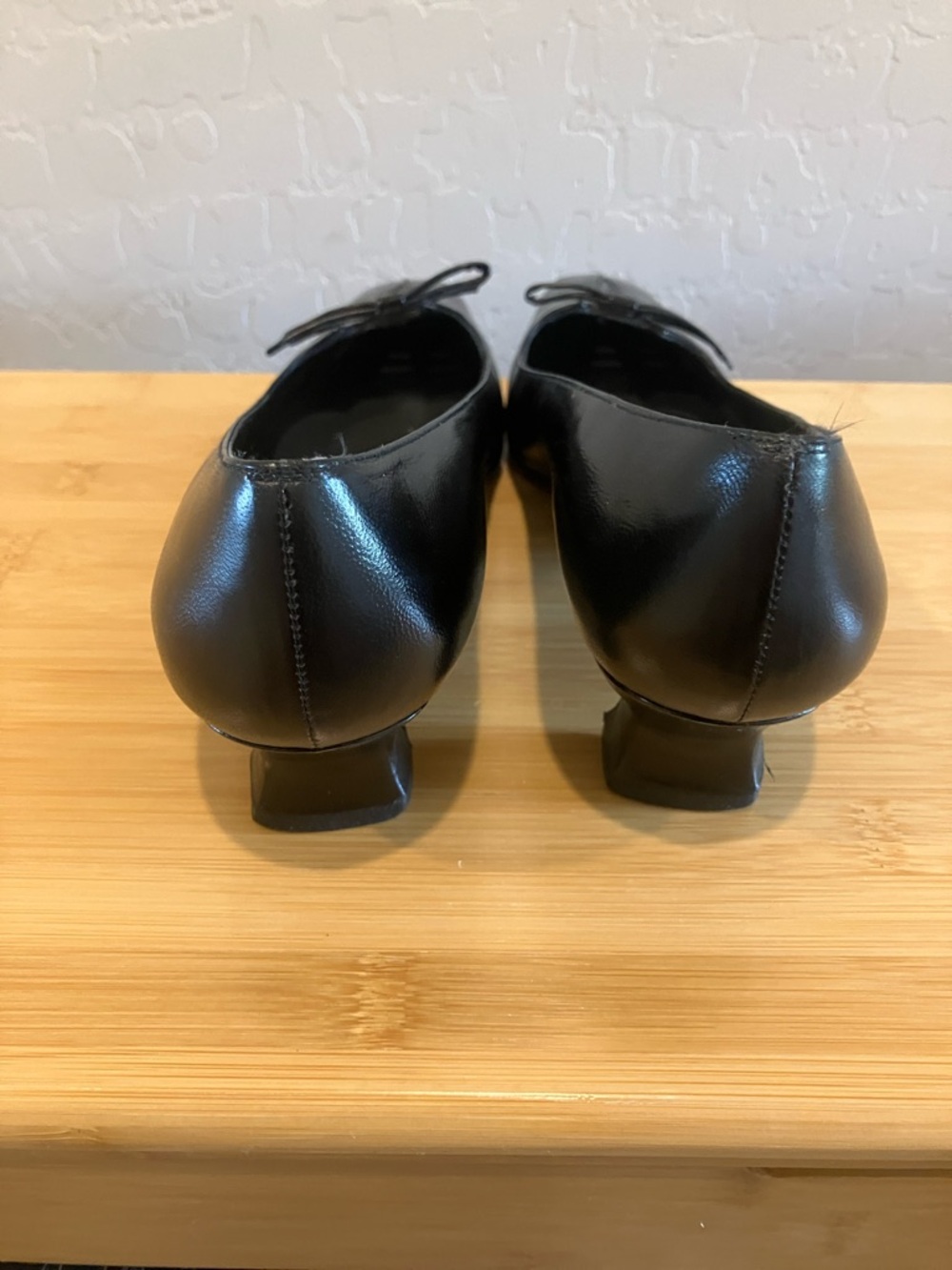 Stuart Weitzman Black Leather Square-Toe Low Heels with Bow Accent - Picture 4 of 5